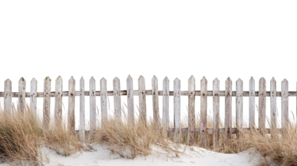 Weathered wooden fence emerging from sand dunes with transparent background, perfect for easy integration into photo editing projects