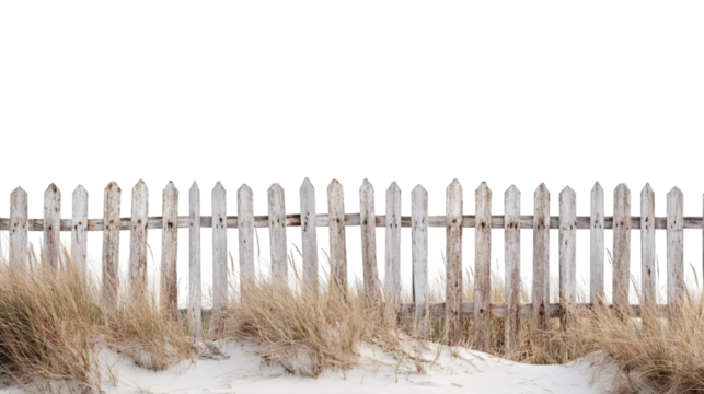 Weathered wooden fence emerging from sand dunes with transparent background, perfect for easy integration into photo editing projects