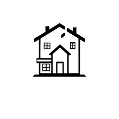 Simplified black and white house icon: minimalist architectural illustration, black outline on white background, concept of home ownership.