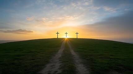 Obraz premium Three Crosses Silhouetted Against Dramatic Sunset Sky and Swirling Clouds Golden Sun Casting Long Shadows Over the Peaceful Countryside Landscape