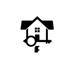 Symbolic House Key Logo: Modern Black and White Minimalist Design of Home and Key Combined.