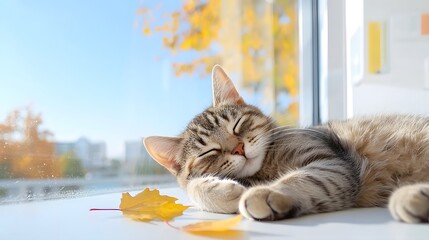 Cozy grey tabby cat curled up and resting on a weathered stone wall enjoying the peaceful outdoors under a clear blue autumn sky with a few scattered fall leaves around