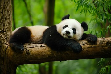Obraz premium Lazy panda bear napping peacefully on a tree branch in a bamboo forest