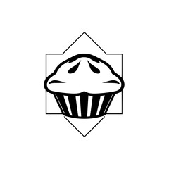Black and white cupcake logo with a stylized shape.