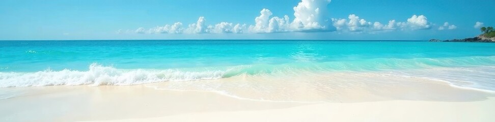 Fototapeta premium Azure water laps pristine white sand, sun-drenched beach , relaxation, day, escape