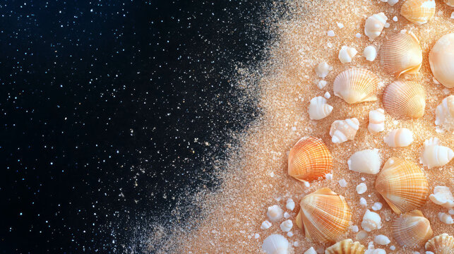 Drifting sand and seashells on starry night beach scene for nature-themed background
