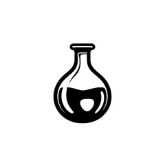 Sleek, monochrome vector illustration of a chemistry flask with black filled liquid inside on a white backdrop.