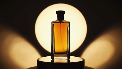 Perfume bottle illuminated by a warm light