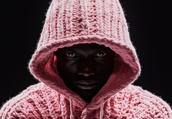 Intense Portrait of Individual in Pink Hooded Sweater Against Black Background