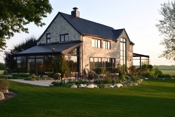 Obraz premium Beautiful stone house with large windows surrounded by a lush garden on a sunny evening in a peaceful rural setting near open fields