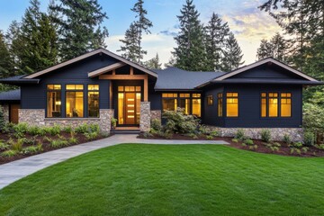 A contemporary home exterior featuring expansive windows is beautifully framed by lush landscaping, all set in a serene forest environment at sunset