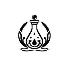 Minimalist ink drawing of a potion bottle with ornate floral accents, isolated on a white background.