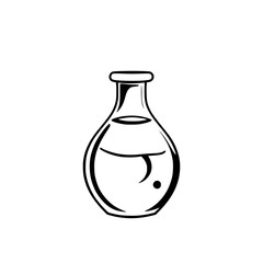 Ink-drawn flask filled with liquid, minimalist, isolated on white background.