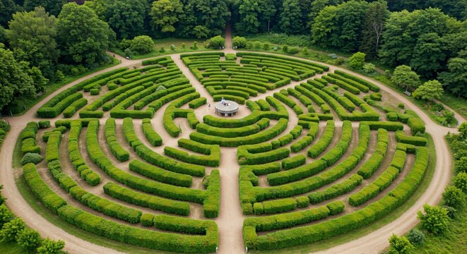Aerial view of a labyrinth garden with intricate hedge designs and pathways
