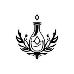 Ornamental black and white logo of a bottle with leaf accents and an upward flame, set on a white background.