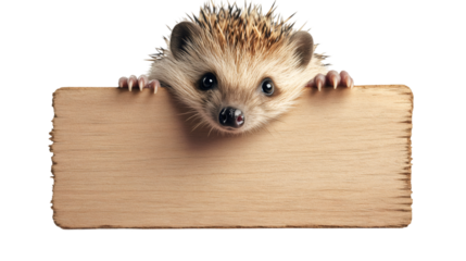 Adorable hedgehog gripping empty wooden sign, offering clean background for personalized messaging or graphic design