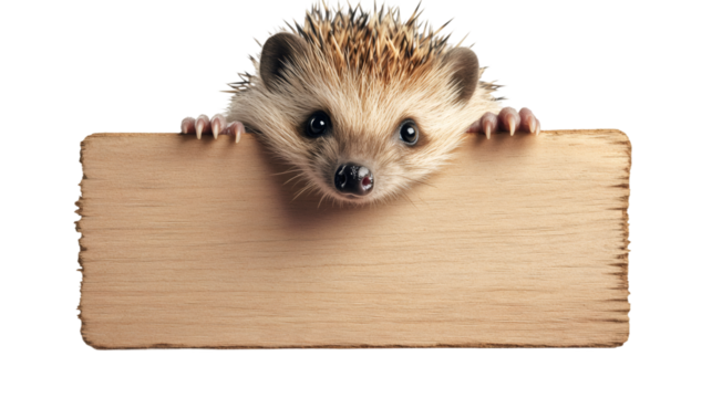 Adorable hedgehog gripping empty wooden sign, offering clean background for personalized messaging or graphic design