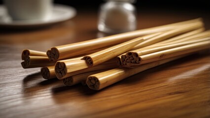 Elegant Bamboo Chopsticks on Wooden Table with Soft Lighting and Background Elements