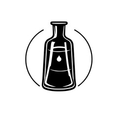Black and white minimalist logo of a bottle with a drop, circled by a curved line.