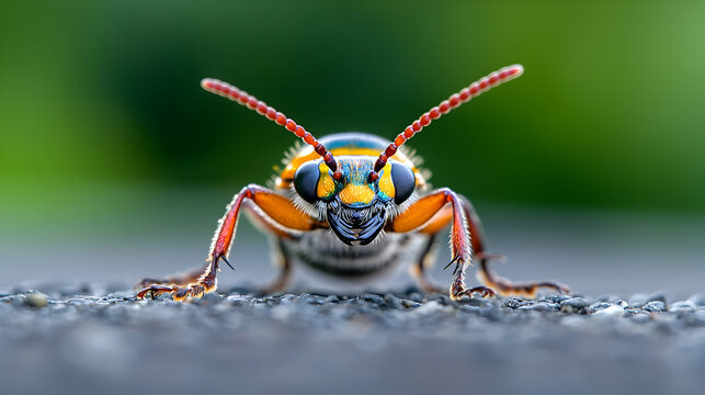 Macro Closeup of a Tiny Beetle with Orange and Yellow Stripes on Gray Surface