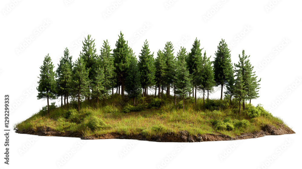 Poster lush green forest thrives on a small floating island, isolated with a transparent background, perfec