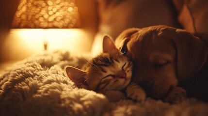 A cozy scene featuring a sleeping kitten and puppy snuggled together on a plush blanket with warm lighting in the background