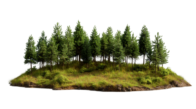 Lush green forest thrives on a small floating island, isolated with a transparent background, perfect for digital compositing and creative projects