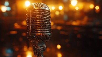 Vintage microphone on stage, spotlight, night club