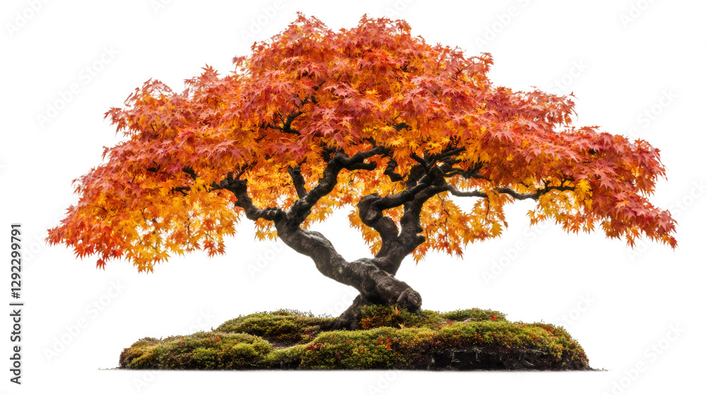 Poster potted maple sapling displaying vibrant red-orange autumn foliage against clean transparent backdrop