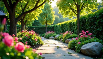 Tranquil outdoor space transformed with creative landscaping, blooming flowers , floral, outdoor
