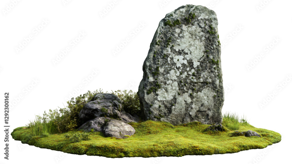 Poster moss-covered standing stone emerging from rocky island, isolated against transparent backdrop for se