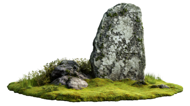 Moss-covered standing stone emerging from rocky island, isolated against transparent backdrop for seamless digital image composition