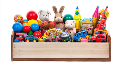 Obraz premium Kid toy box with gift for play isolated vector. Baby child ball, car, doll and rocket stuffed in full package for donation. Plush rabbit animal with drum in cardboard container in kindergarten or shop