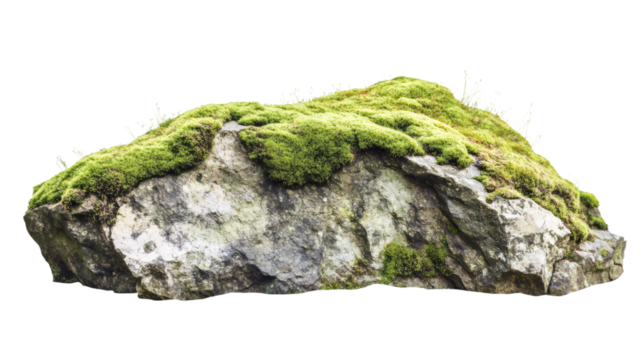 Verdant moss growing on rocky surface, isolated on transparent background, ideal for graphic design and photo editing projects