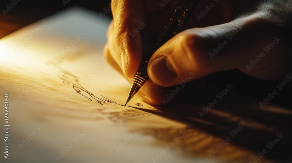 Aufkleber Creating intricate designs by hand using a fountain pen during a warm, dimly lit evening. Generative AI