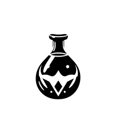 Black and white vector of a lab flask, featuring a stylized abstract design, set on a white background.