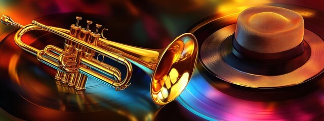 A Vibrant Jazz Scene Featuring a Golden Trumpet, Vintage Vinyl Records, and a Stylish Hat