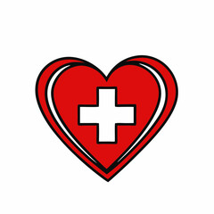 Obraz premium Red heart with white cross on layered design. Swiss-inspired medical symbol on clean background. Healthcare and emergency services concept.