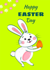Easter greeting card featuring a cute white bunny holding a decorated egg on a bright green background with floral accents. Perfect for celebrating Easter joy and festivity. Vector art.