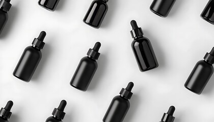 Naklejka premium Minimalist black beauty product bottles displayed on a white background, perfect for showcasing modern skincare and haircare packaging