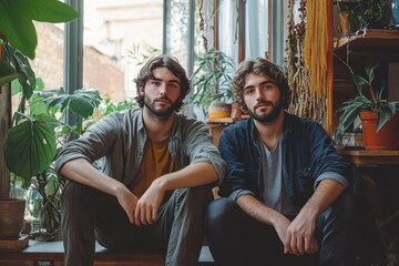 Fototapeta premium Two Young Men Engaged in Serious Conversation on Office Stairs