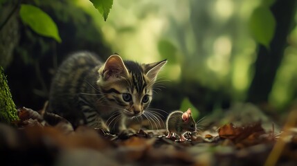A curious kitten exploring the forest floor, surrounded by leaves, playing with a small, startled mouse in a sun-dappled woodland environment