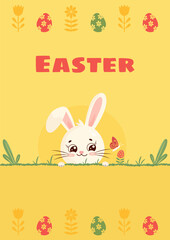 Easter white bunny peeking over grassy field with flowers, Easter eggs, and a butterfly on warm yellow background. Perfect for festive greeting cards and holiday decorations. Vector art.