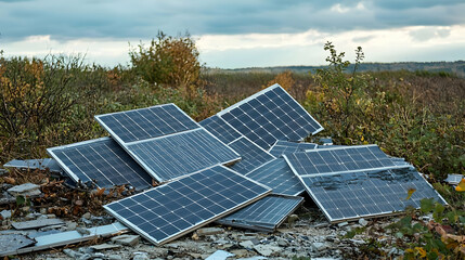 Discarded Solar Panels in a Field