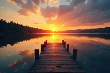 Obraz premium Golden sunset reflects on calm lake water, dock extends into view , golden hour, evening