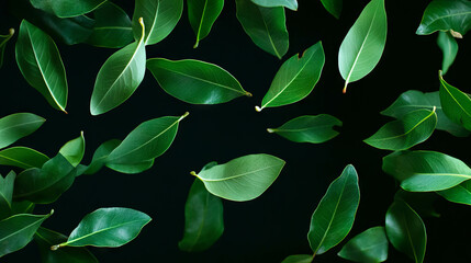 Obraz premium Falling green bay leaves on dark background - nature concept for design