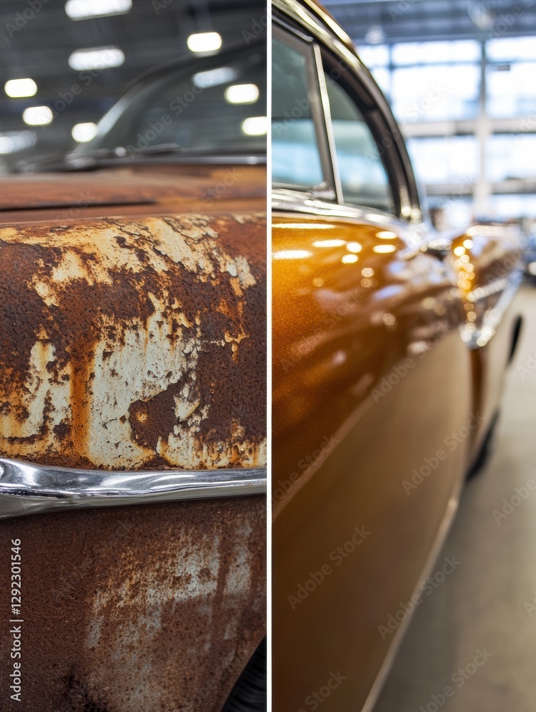 Poster Transformation of a classic car showcasing the contrast between rust and shine after restoration. Generative AI