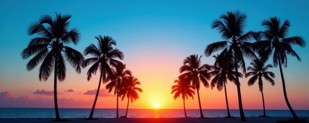Obraz premium Clear blue sky, palm trees silhouette against sunset, beautiful, twilight, graphic