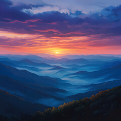 Obraz premium A spectacular sunset over the Blue Ridge Mountains, with colorful skies and mist rolling through valleys in comic book style.
