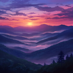 Obraz premium A breathtaking sunset over the Blue ridge Mountains, with vibrant colors painting the sky and mist rolling through valley after valley, comic book style